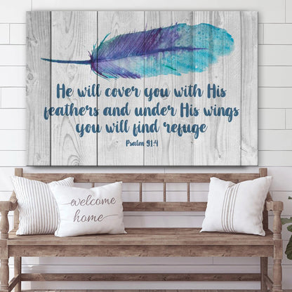 He Will Cover You With His Feathers Psalm 914 Bible Verse Wall Art Canvas - Christian Art Gift
