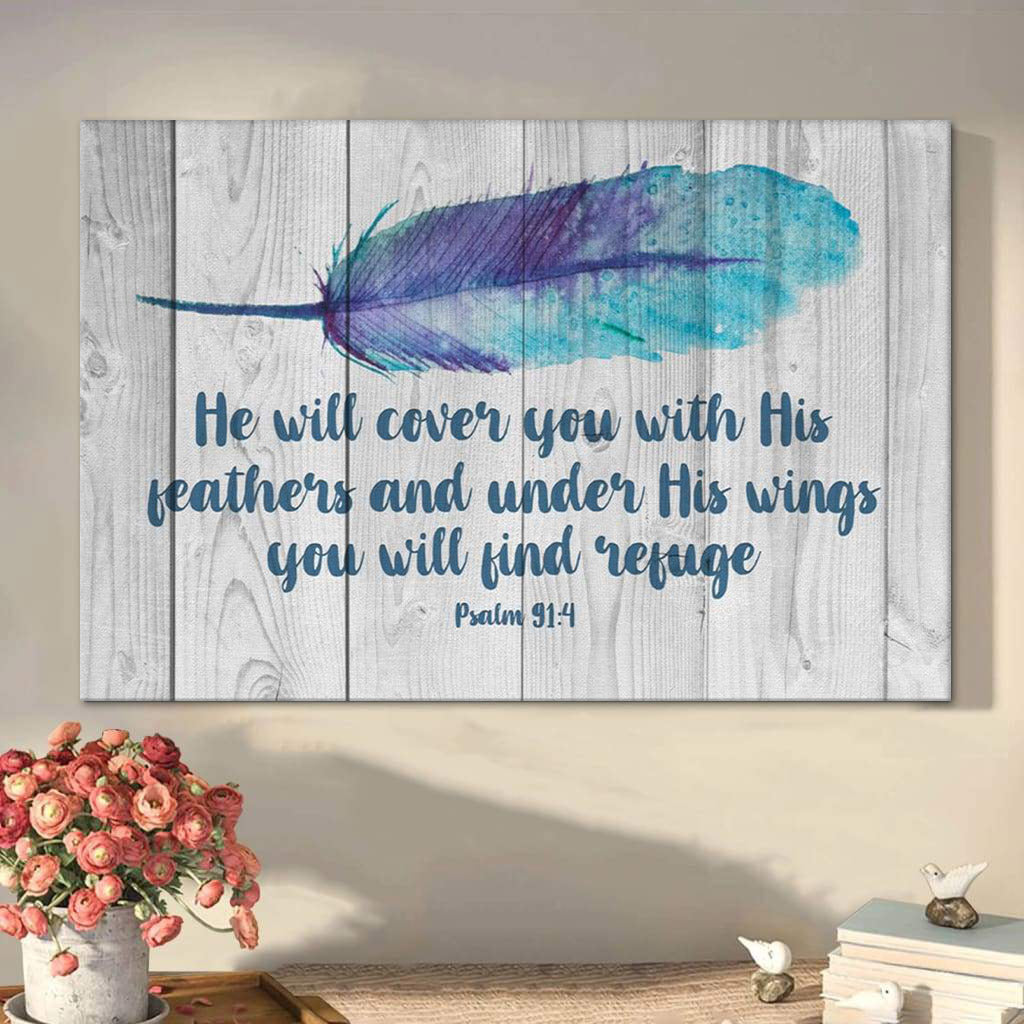 He Will Cover You With His Feathers Psalm 914 Bible Verse Wall Art Canvas - Christian Art Gift