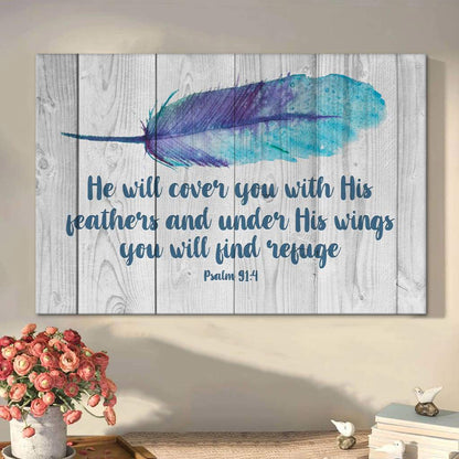He Will Cover You With His Feathers Psalm 914 Bible Verse Wall Art Canvas - Christian Art Gift