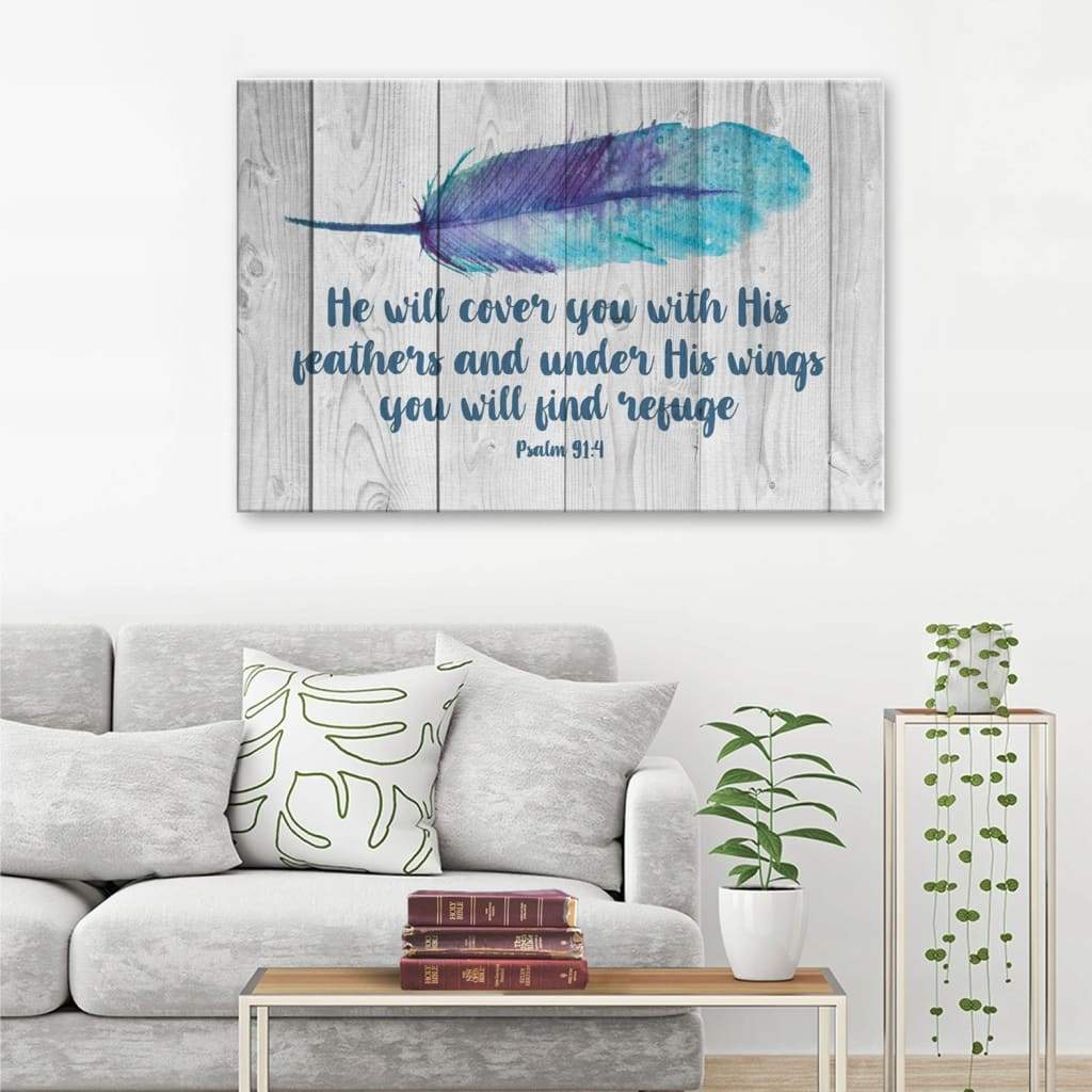 He Will Cover You With His Feathers Psalm 914 Bible Verse Wall Art Canvas - Religious Wall Decor