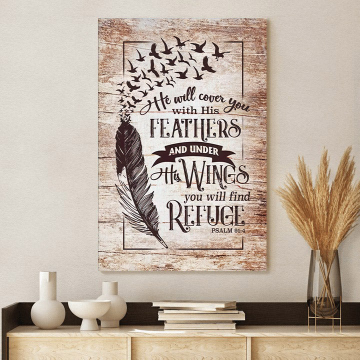 He Will Cover You With His Feathers Psalm 914 Bible Verse Wall Art Canvas