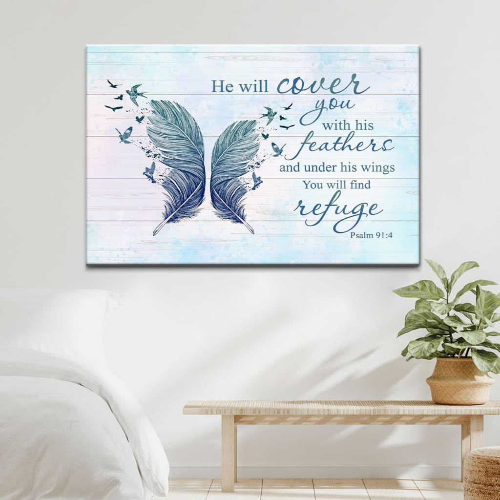 He Will Cover You With His Feathers Psalm 914 Bible Verse Wall Art Canvas_9138 - Religious Wall Decor