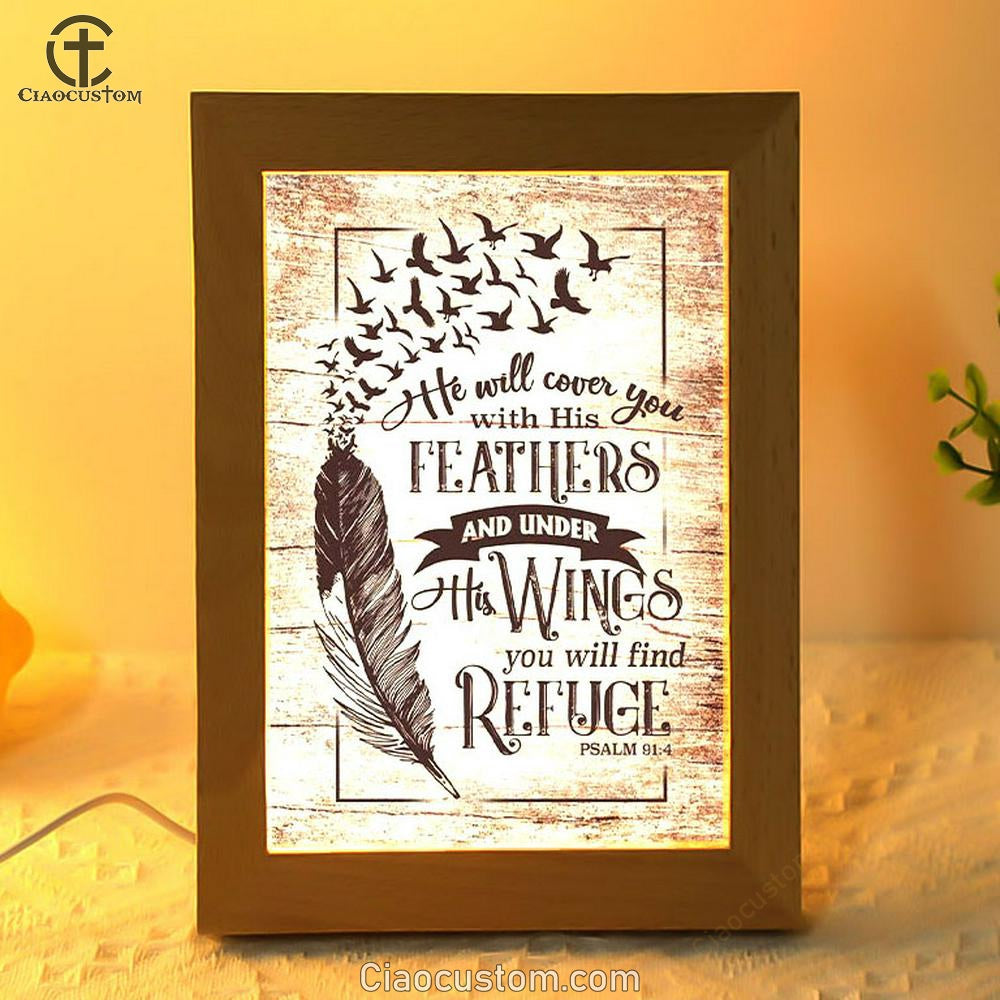 He Will Cover You With His Feathers Psalm 914 Bible Verse Wooden Lamp Art - Bible Verse Wooden Lamp - Scripture Night Light