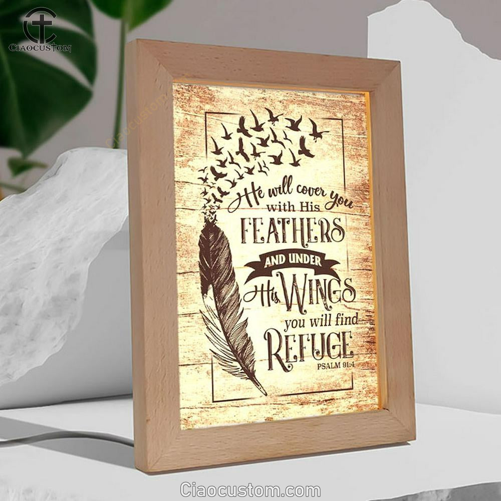 He Will Cover You With His Feathers Psalm 914 Bible Verse Wooden Lamp Art - Bible Verse Wooden Lamp - Scripture Night Light