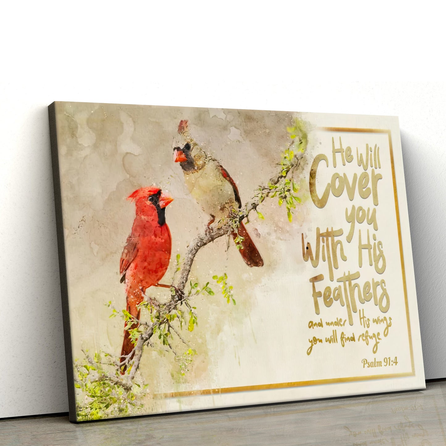 He Will Cover You With His Feathers Wall Art Canvas - Couple Cardinal Christian Decor