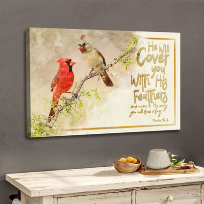 He Will Cover You With His Feathers Wall Art Canvas, Couple Cardinal Christian Wall Decor - Religious Wall Decor