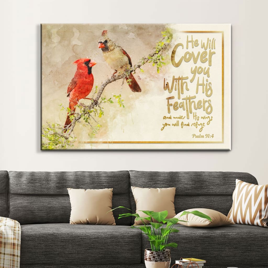 He Will Cover You With His Feathers Wall Art Canvas, Couple Cardinal Christian Wall Decor - Religious Wall Decor