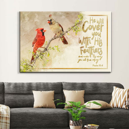 He Will Cover You With His Feathers Wall Art Canvas, Couple Cardinal Christian Wall Decor - Religious Wall Decor