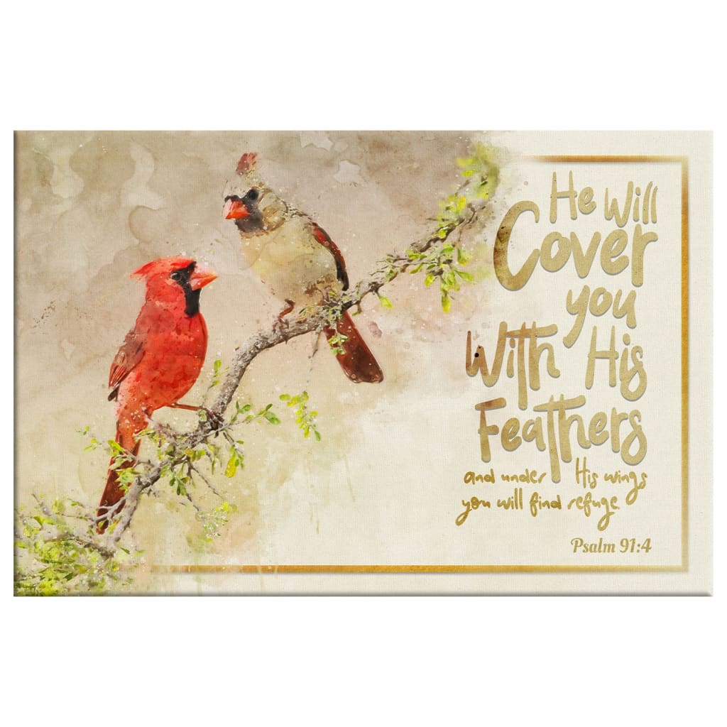 He Will Cover You With His Feathers Wall Art Canvas, Couple Cardinal Christian Wall Decor - Religious Wall Decor