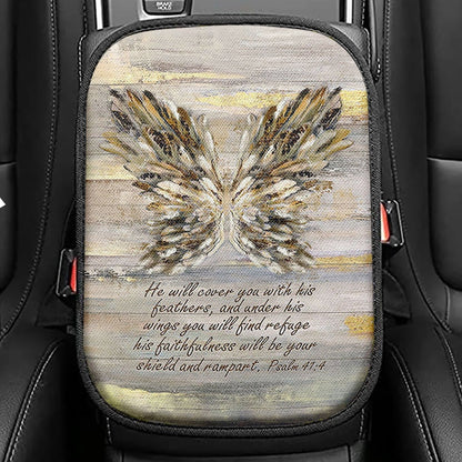 He Will Cover You With This Feathers Abstract Wings Seat Box Cover, Christian Car Center Console Cover, Religious Car Interior Accessories