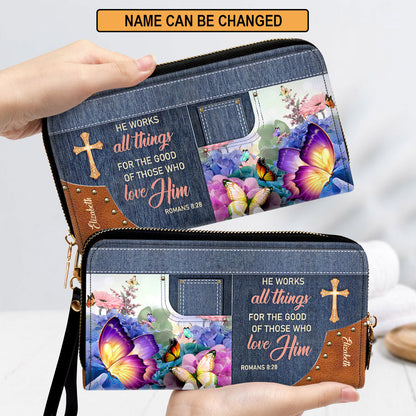 He Works All Things For The Good Of Those Who Love Him Clutch Purse For Women - Personalized Name - Christian Gifts For Women