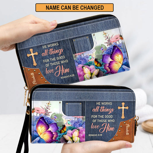 He Works All Things For The Good Of Those Who Love Him Clutch Purse For Women - Personalized Name - Christian Gifts For Women