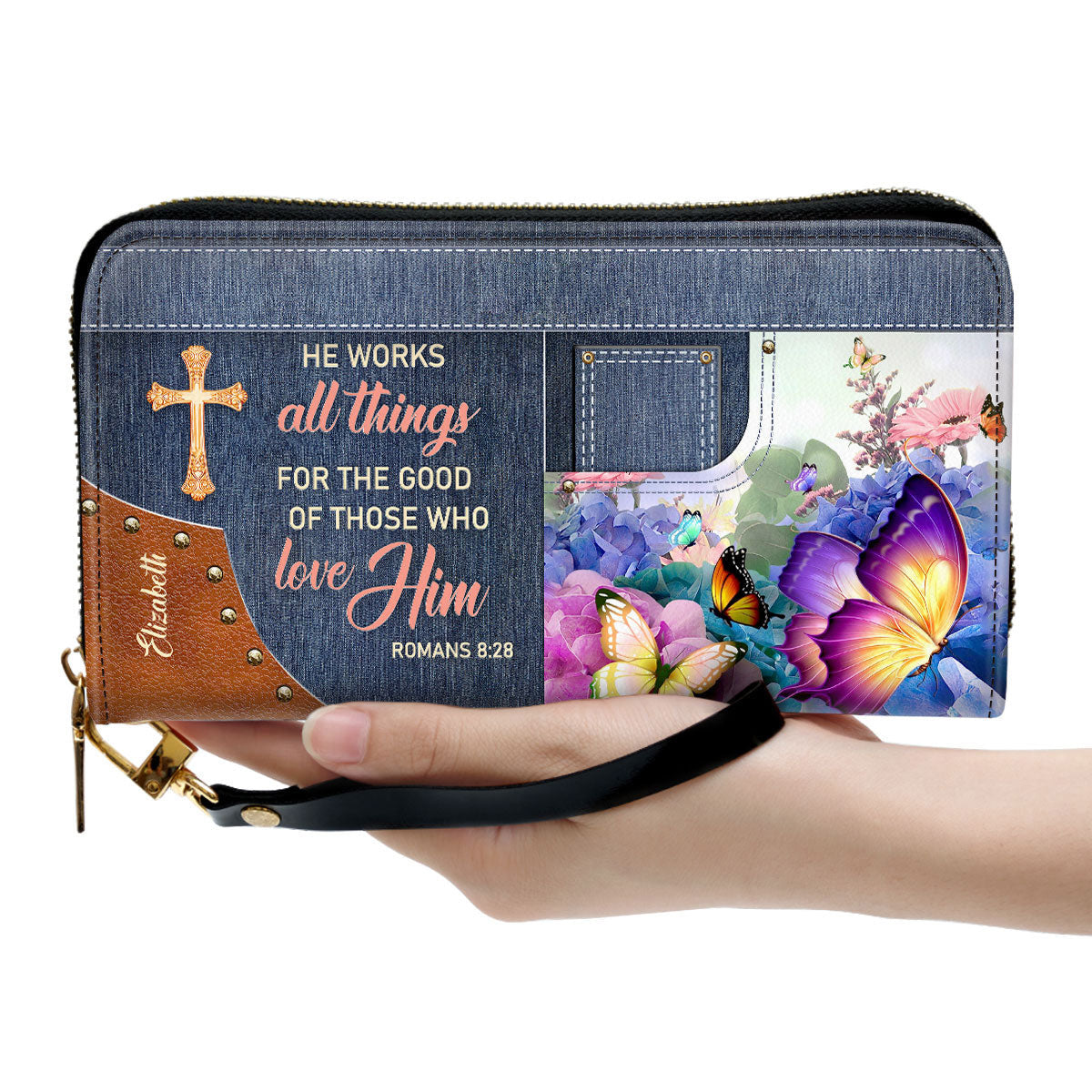 He Works All Things For The Good Of Those Who Love Him Clutch Purse For Women - Personalized Name - Christian Gifts For Women
