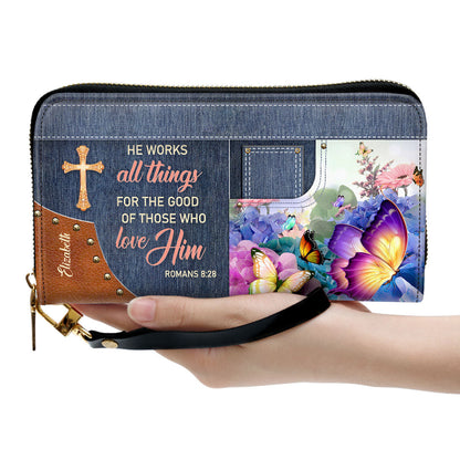 He Works All Things For The Good Of Those Who Love Him Clutch Purse For Women - Personalized Name - Christian Gifts For Women