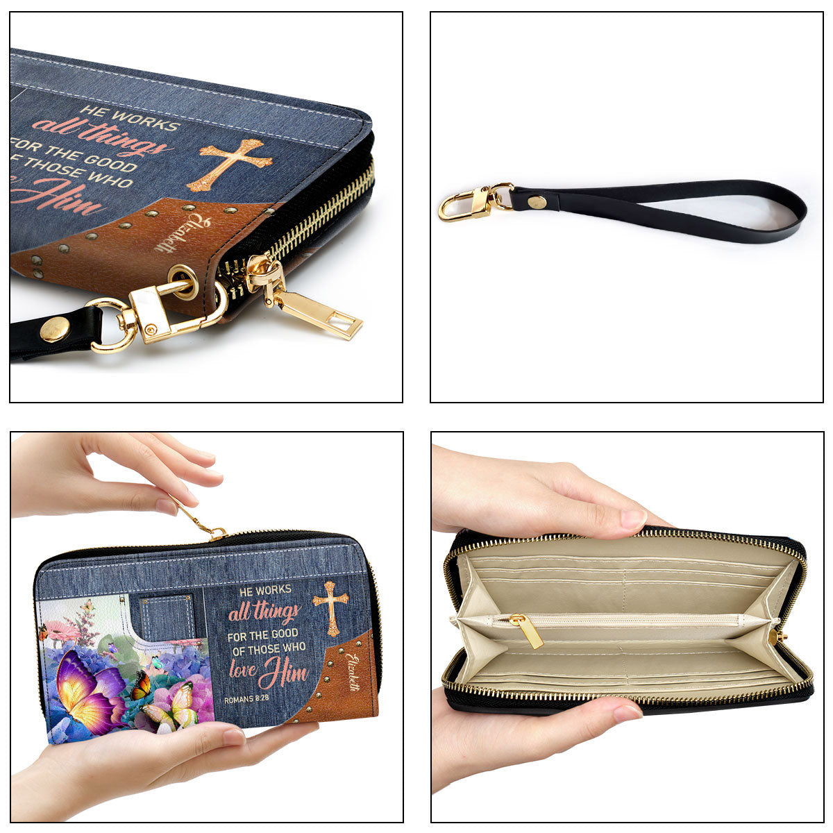 He Works All Things For The Good Of Those Who Love Him Clutch Purse For Women - Personalized Name - Christian Gifts For Women
