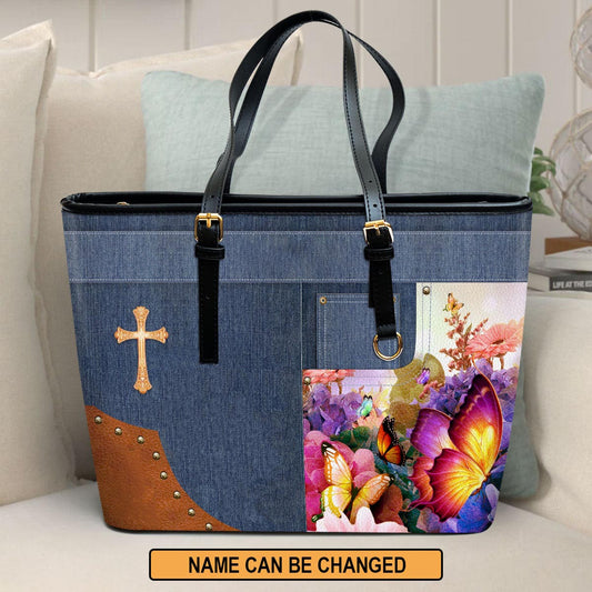 He Works All Things For The Good Of Those Who Love Him Personalized Pu Leather Tote Bag For Women - Mom Gifts For Mothers Day
