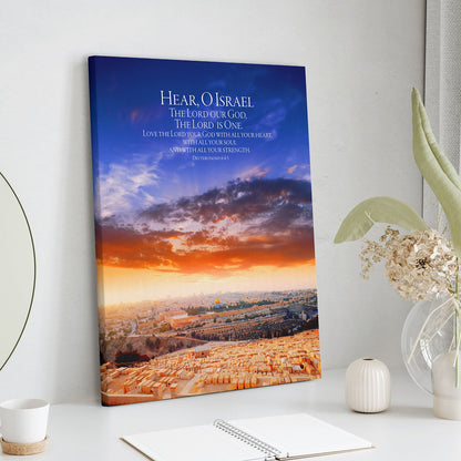 Hear, O Israel The Greatest Commandment Over The City Of Jerusalem Canvas Wall Art - Gallery Wrapped Canvas Art