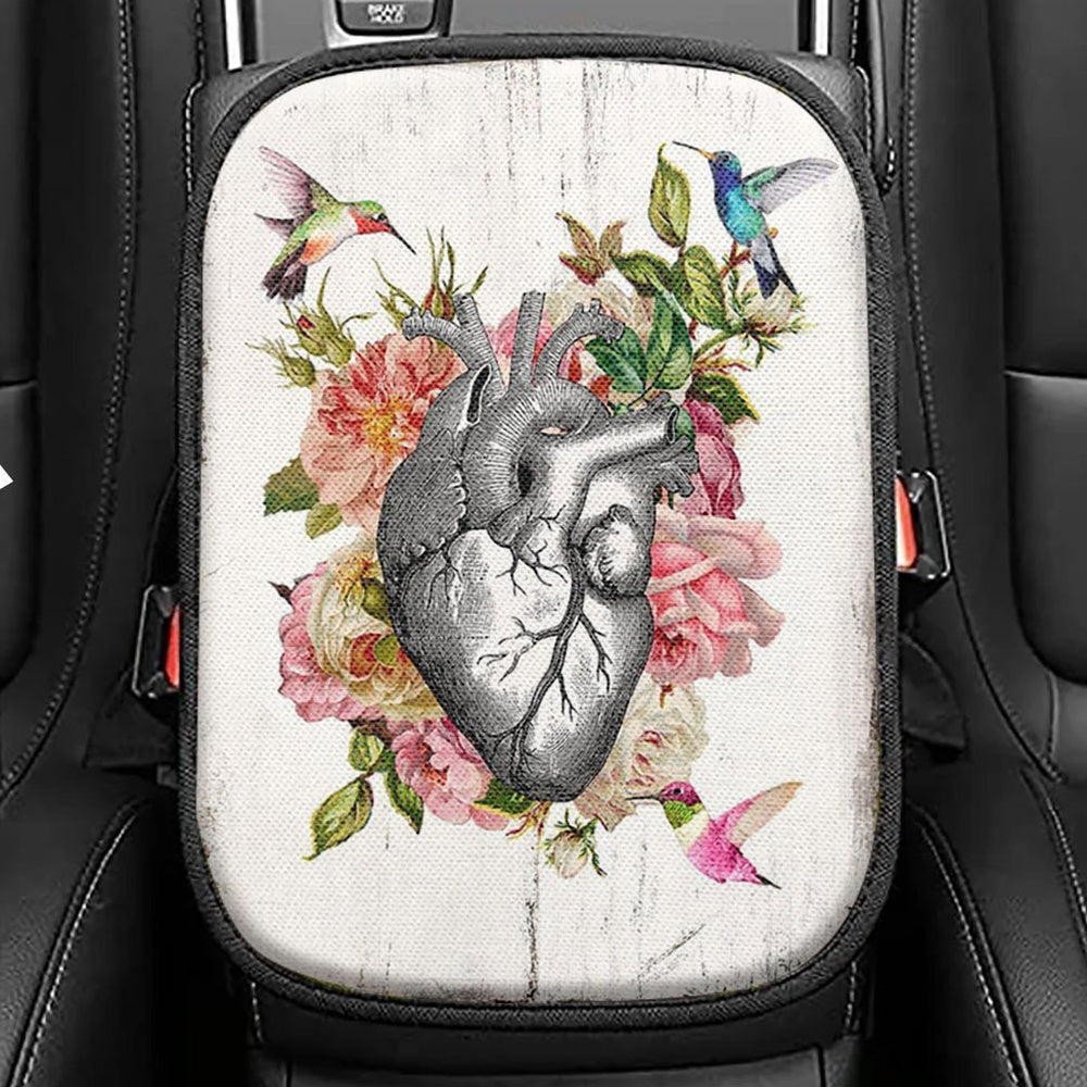 Heart Hummingbird Rose Seat Box Cover, Gift For Cardiologist, Nurse, Rn,Car Center Console Cover
