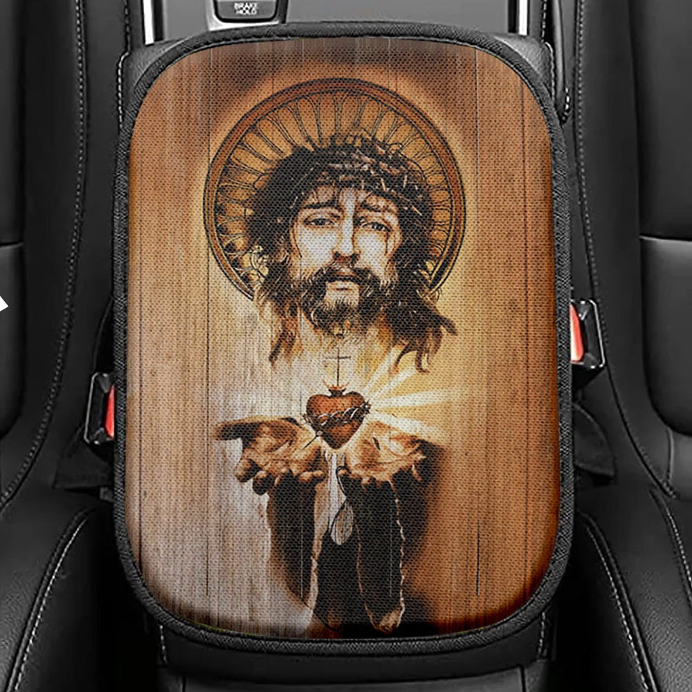 Heart Jesus Face Crown Of Thorn Jesus Seat Box Cover, Christian Car Center Console Cover, Bible Verse Car Interior Accessories