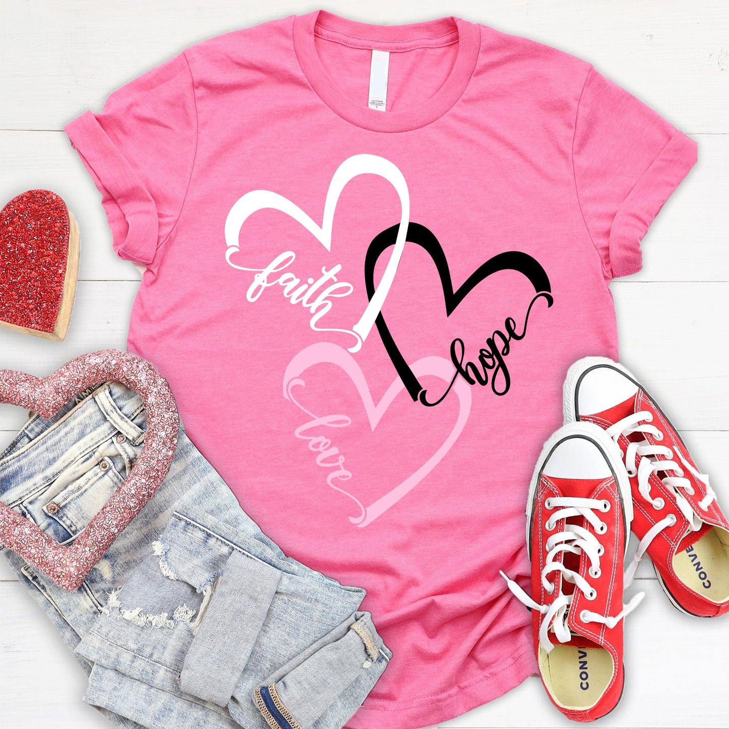 Faith Hope Love Hearts T Shirts For Women - Women's Christian T Shirts - Women's Religious Shirts