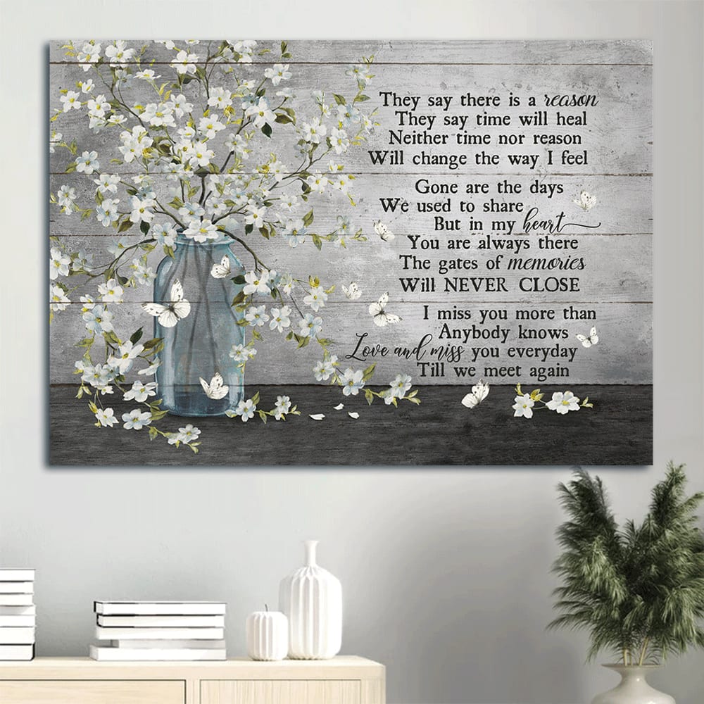 Heaven Beautiful White Flower Vase Subtle Background Memorial Gift For Family Members They Say Time Will Heal Canvas Wall Art - Christian Wall Decor