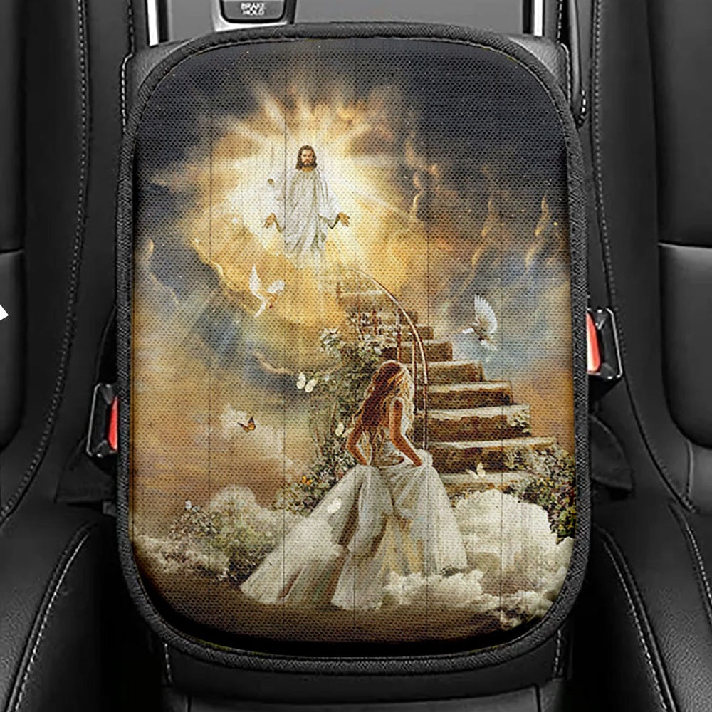 Heaven Holy Spirit Dove Stair To Heaven Welcome Home Seat Box Cover, Christian Car Center Console Cover, Bible Verse Car Interior Accessories