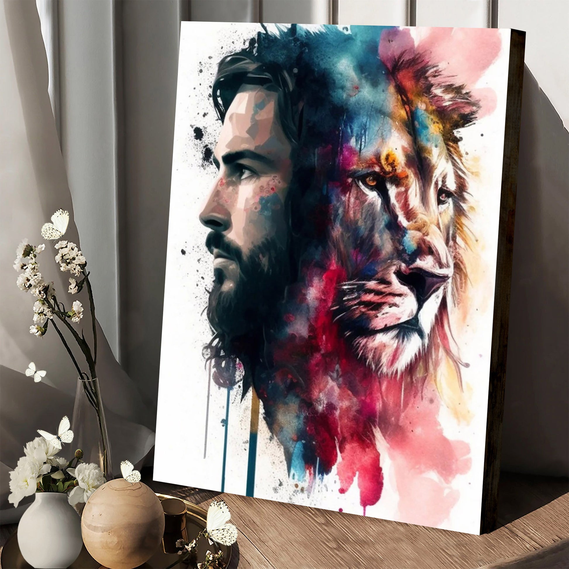 Heavenly Pairing Jesus And Lion Of Judah Watercolor - Jesus Canvas Art - Christian Wall Art