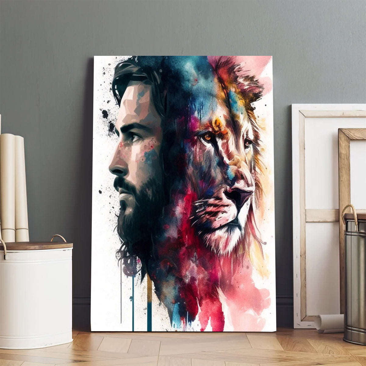 Heavenly Pairing Jesus and Lion of Judah Watercolor - Jesus Canvas Art - Christian Wall Canvas