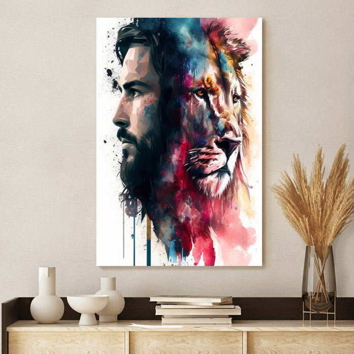 Heavenly Pairing Jesus and Lion of Judah Watercolor - Jesus Canvas Art - Christian Wall Canvas