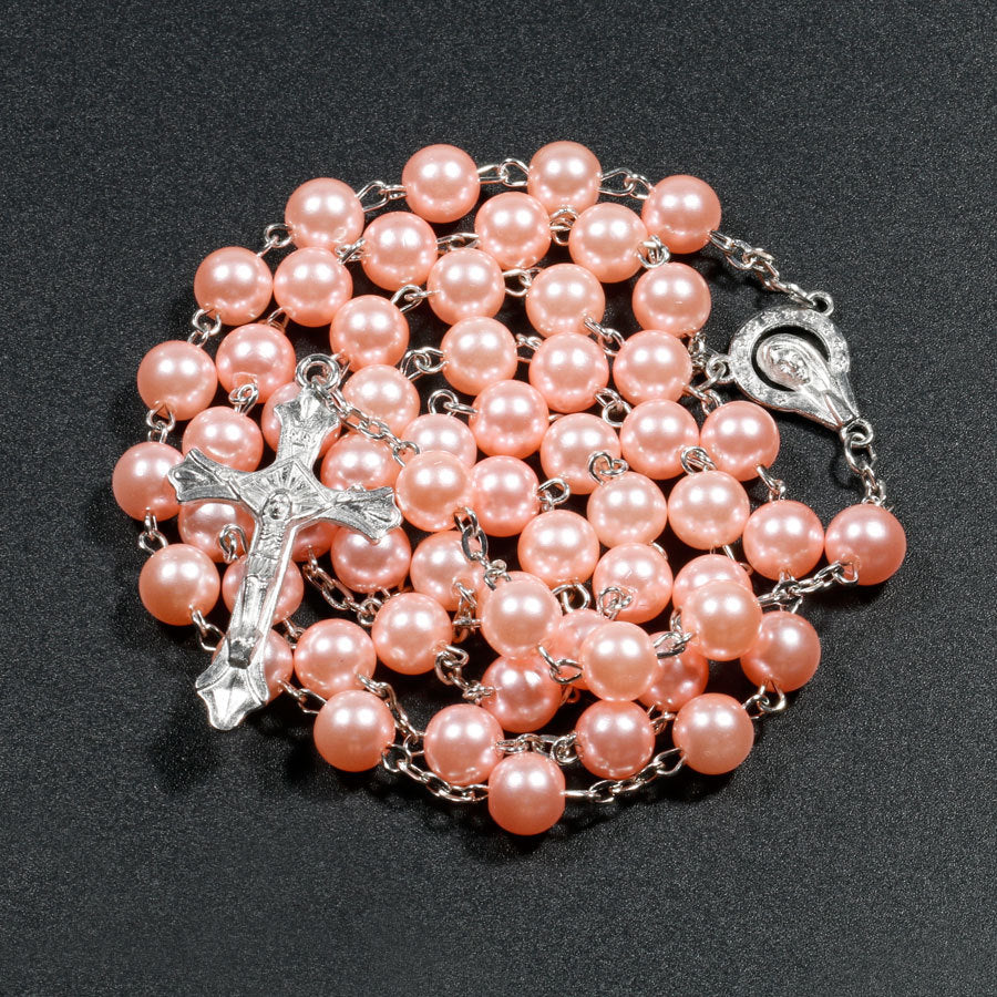 Christian Rosary Necklace - Pink Faux Pearl Beads Jewelry