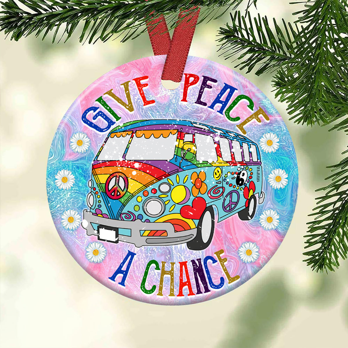 Hippie Give Peace A Chance Ceramic Circle Ornament - Decorative Ornament - Christmas Ornament