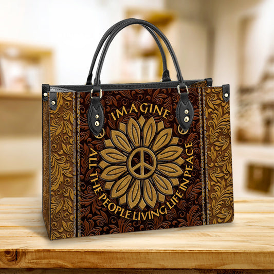 Hippie Sunflower Imagine All The People Living Life In Peace Leather Bag - Women's Pu Leather Bag - Best Mother's Day Gifts