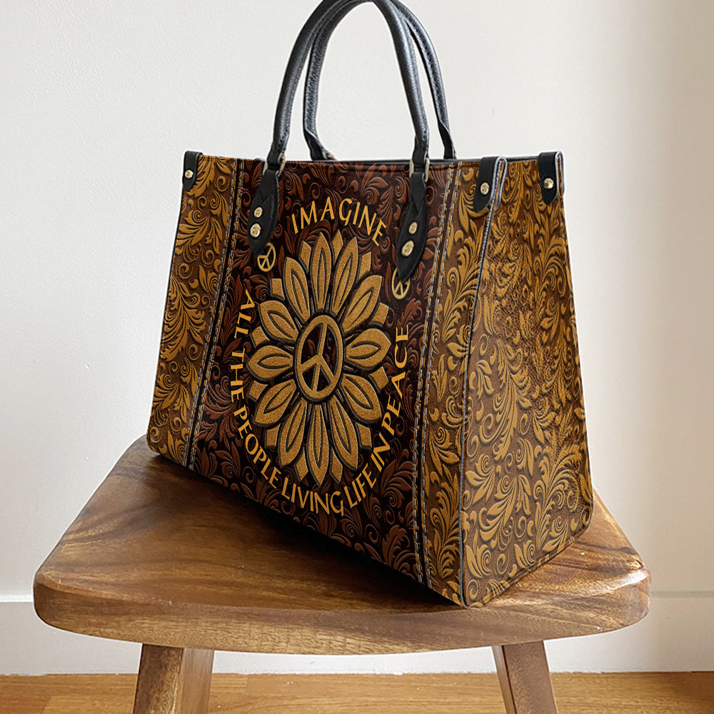 Hippie Sunflower Imagine All The People Living Life In Peace Leather Bag - Women's Pu Leather Bag - Best Mother's Day Gifts