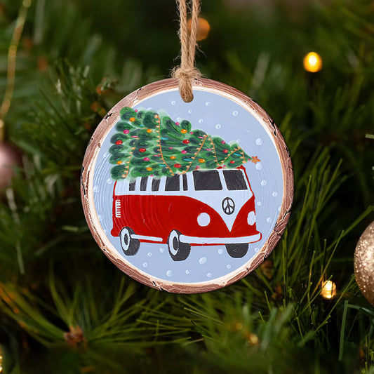 Hippie Van In Christmas Ceramic Circle Ornament - Decorative Ornament - Christmas Ornament
