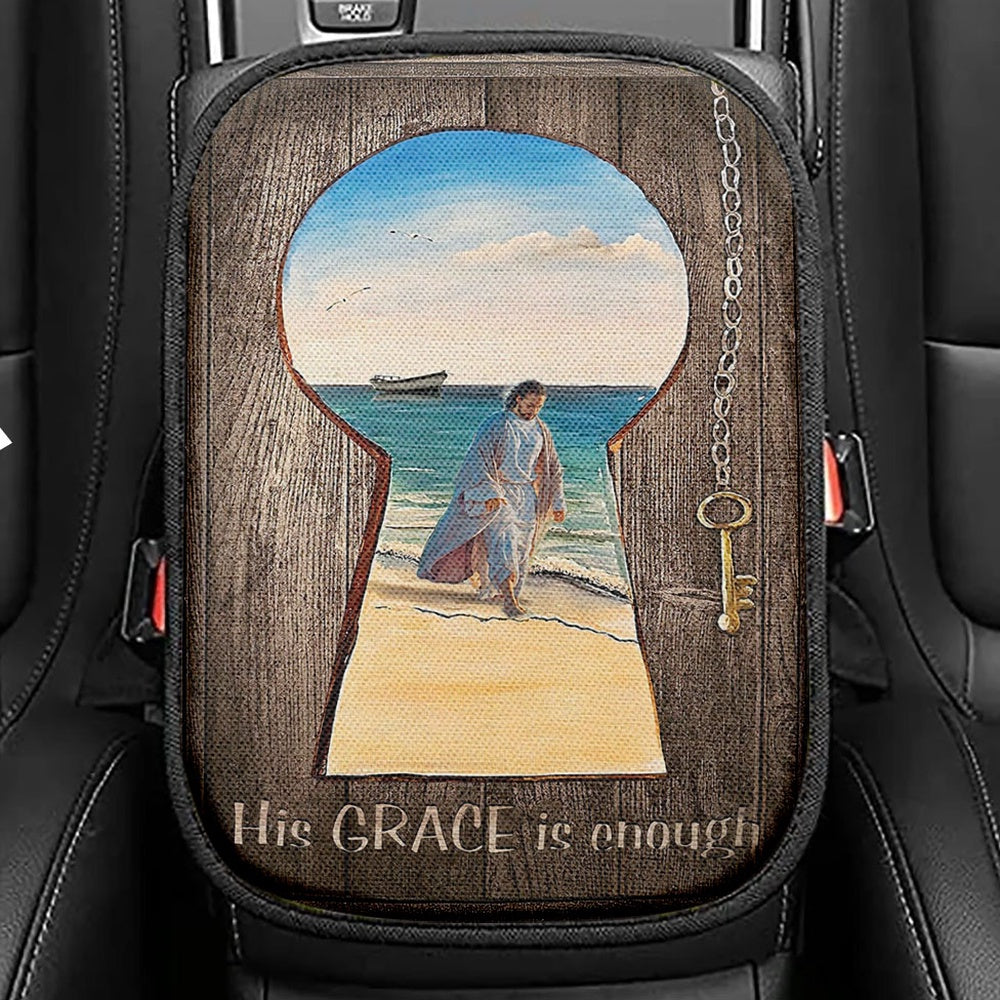 His Grace Is Enough Seat Box Cover, Jesus Walks On The Beach Car Center Console Cover, Jesus Car Interior Accessories