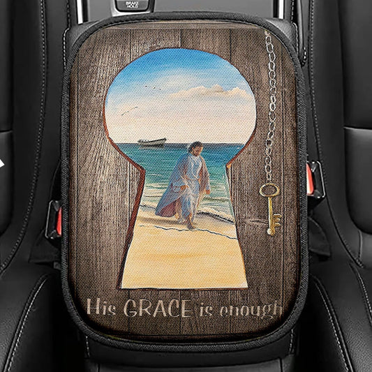 His Grace Is Enough Seat Box Cover, Jesus Walks On The Beach Car Center Console Cover, Jesus Car Interior Accessories