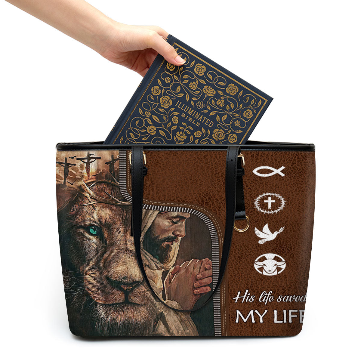 His Life Saved My Life Lion Large Leather Tote Bag - Christ Gifts For Religious Women - Best Mother's Day Gifts