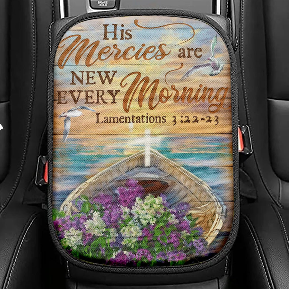 His Mercies Are New Every Morning Boat Flower Cross Seat Box Cover, Christian Car Center Console Cover, Religious Car Interior Accessories