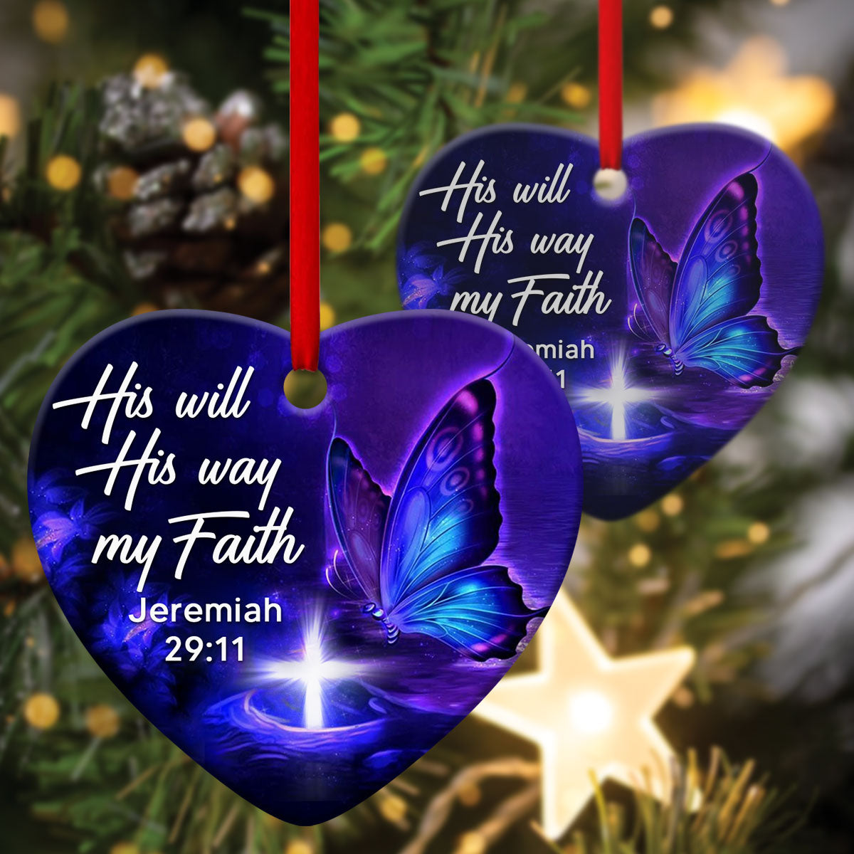 His Will, His Way And My Faith - Special Butterfly Ceramic Heart Ornament - Christmas Decor - Nativity Ornaments