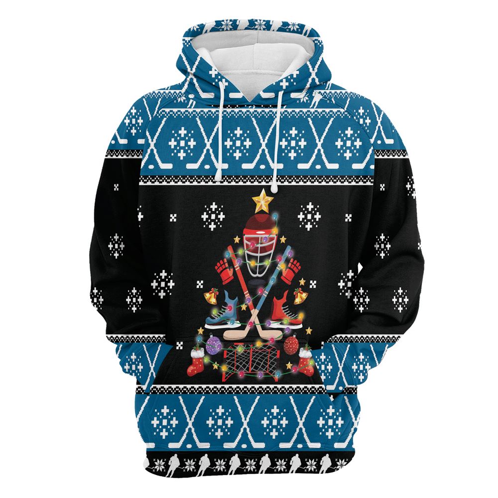 Hockey Christmas Tree All Over Print 3D Hoodie For Men And Women, Best Gift For Dog lovers, Best Outfit Christmas