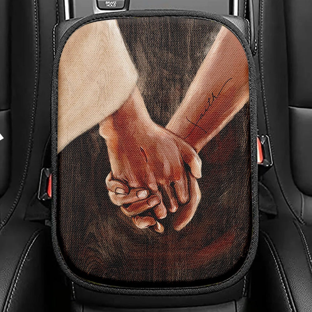 Holding Hand With Jesus Seat Box Cover, Bible Verse Car Center Console Cover, Inspirational Car Interior Accessories