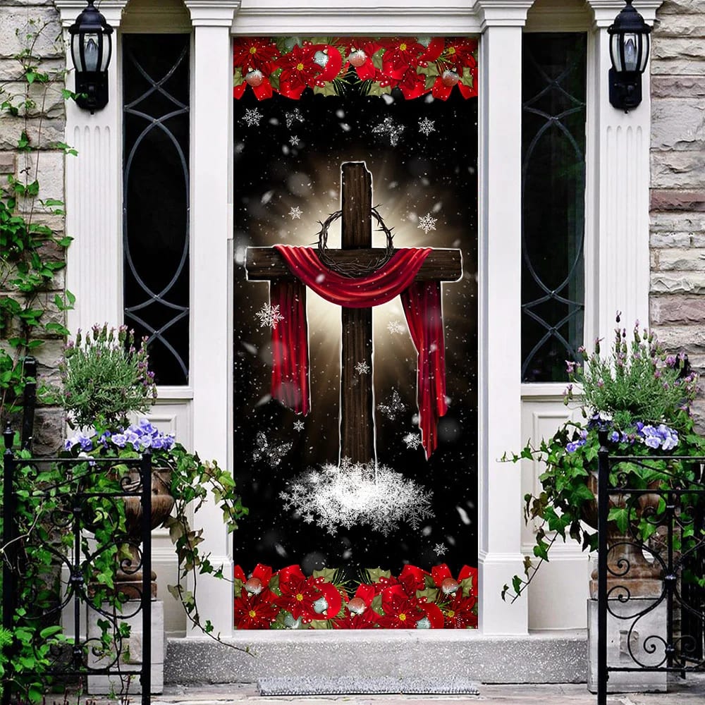 Holy Cross On Snow Door Cover - Religious Door Decorations - Christian Home Decor