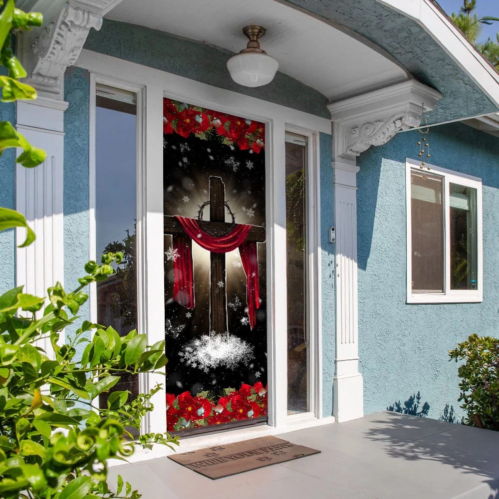 Holy Cross On Snow Door Cover - Religious Door Decorations - Christian Home Decor