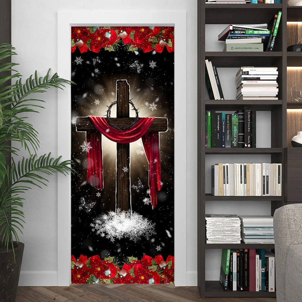 Holy Cross On Snow Door Cover - Religious Door Decorations - Christian Home Decor