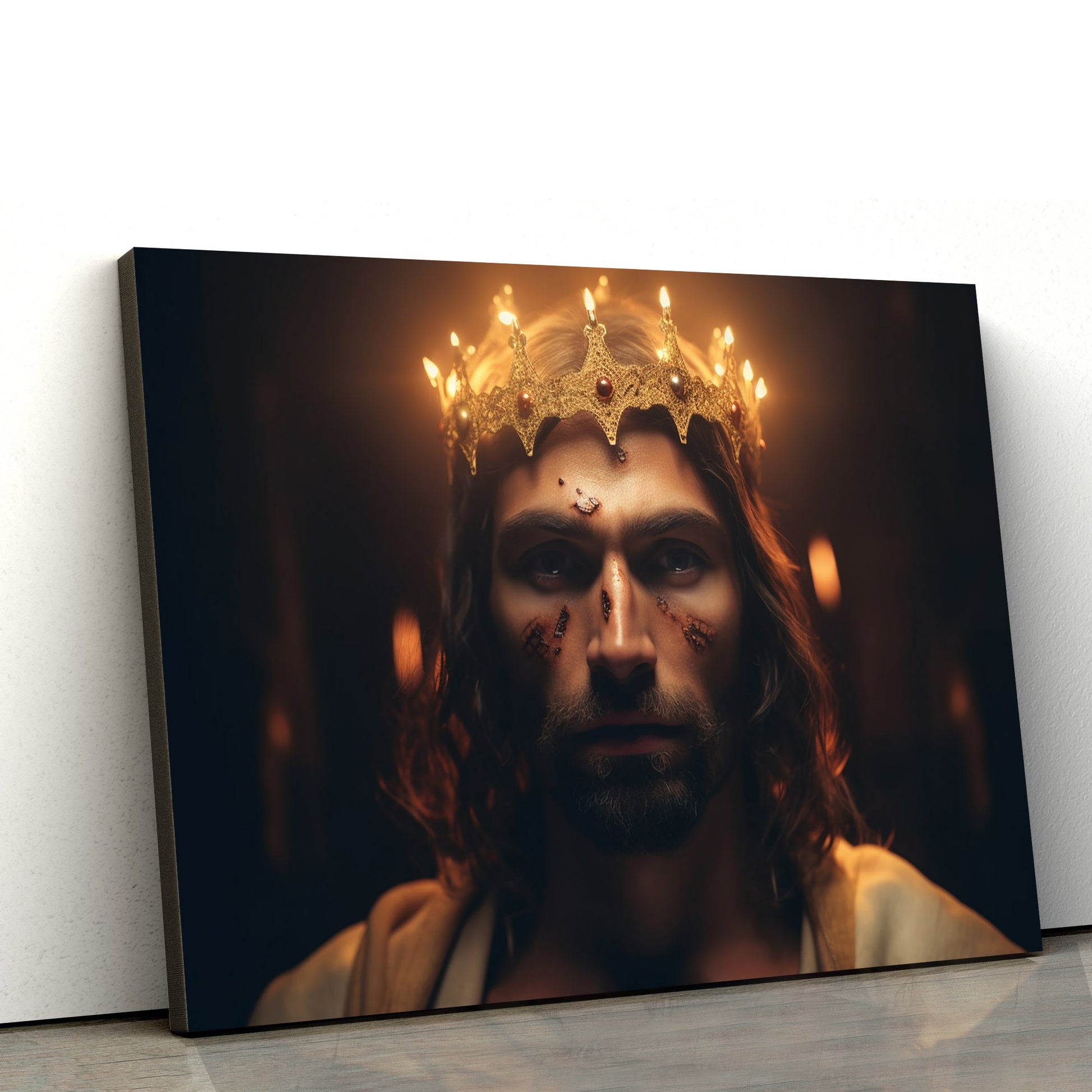 Holy Jesus In Crown Of Fire - Canvas Pictures - Jesus Christ Canvas - Christian Wall Art