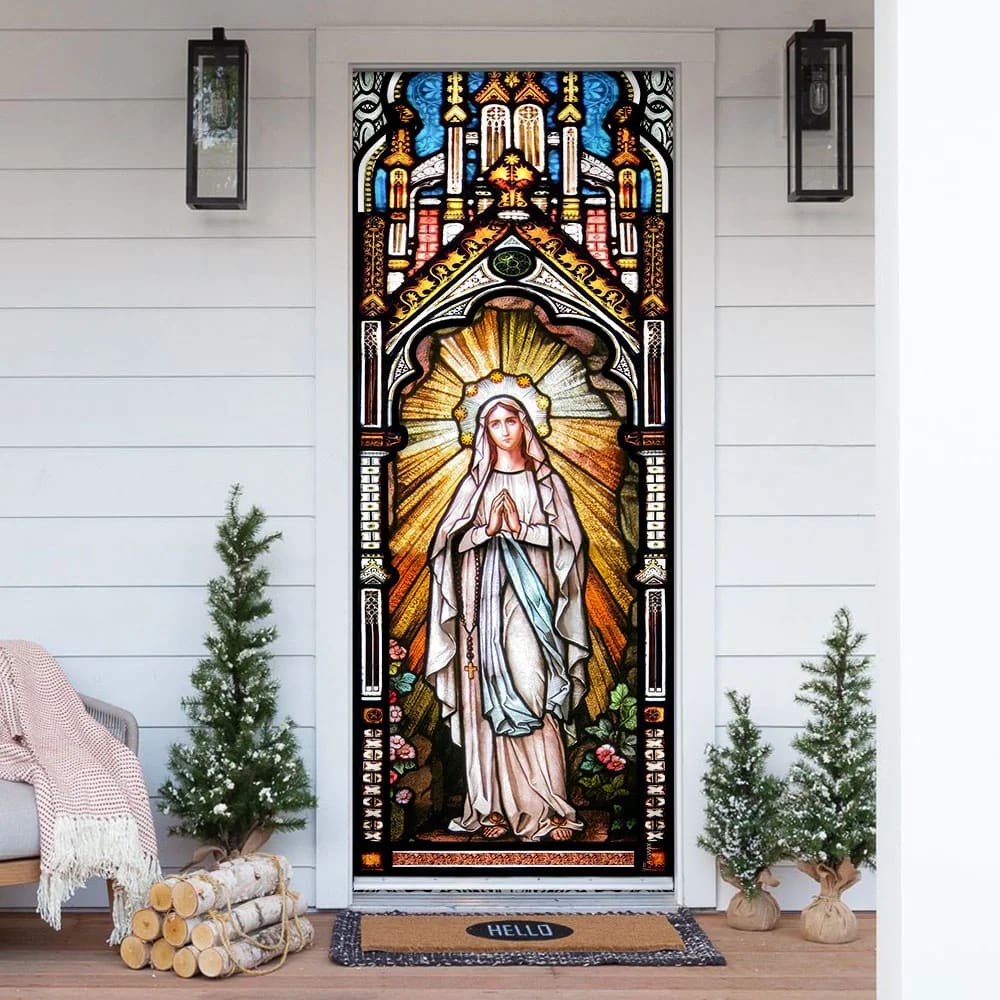 Holy Mary Stained Glass Door Cover - Religious Door Decorations