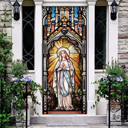 Holy Mary Stained Glass Door Cover - Religious Door Decorations