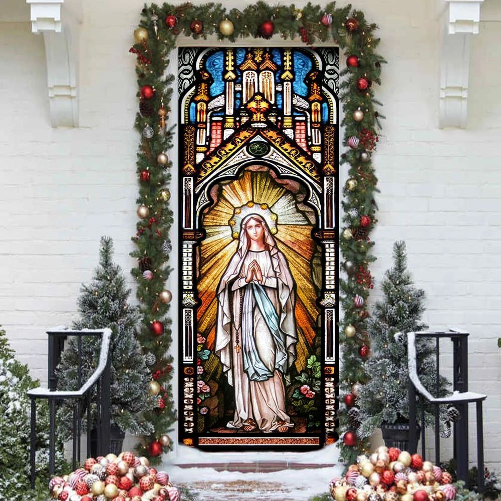 Holy Mary Stained Glass Door Cover - Religious Door Decorations