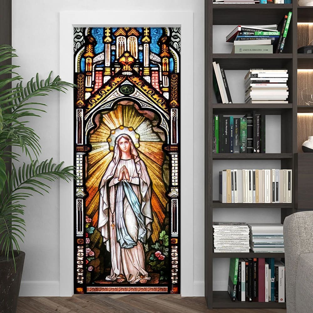 Holy Mary Stained Glass Door Cover - Religious Door Decorations