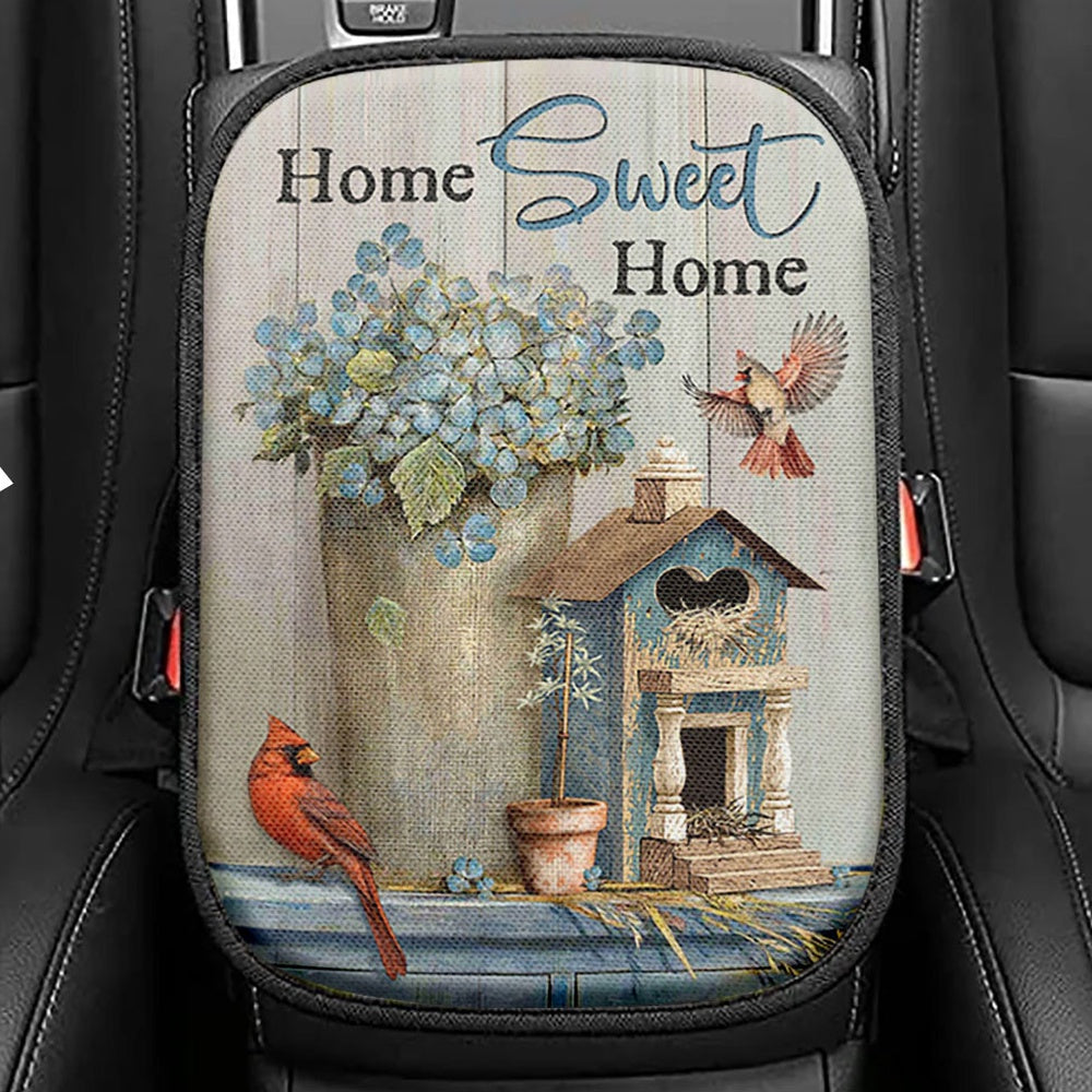 Home Sweet Home Blue Hydrangea Red Cardinals Seat Box Cover, Bible Verse Car Center Console Cover, Christian Inspirational Car Interior Accessories